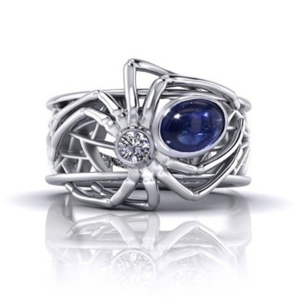 Goth, punk, funk spider ring w/cz & blue stone sz8